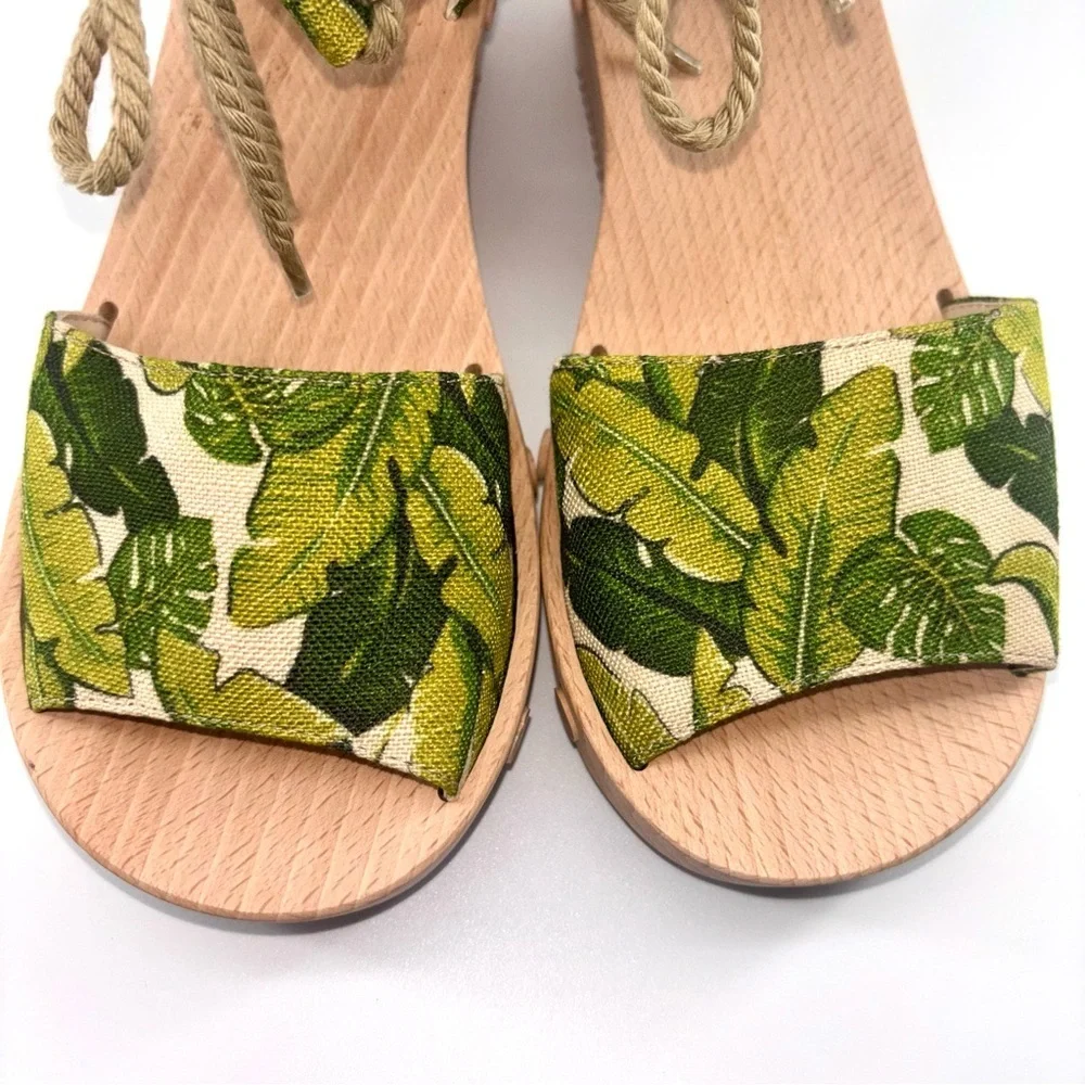 Sedette Tropical Print Platform Ethical Vegan Wood Sandals with Rope Tie Sz 8.5
